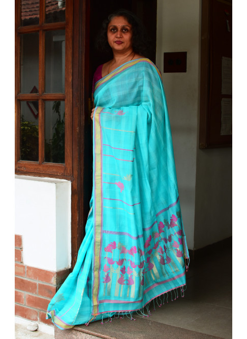 Blue, Handwoven Organic Cotton, Textured Weave , Jacquard, Work Wear, Jari Saree